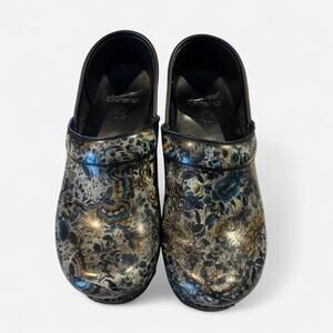 Dansko Professional Blue/Gold Floral Patent Leather Clogs Size 37 US 6.5-7